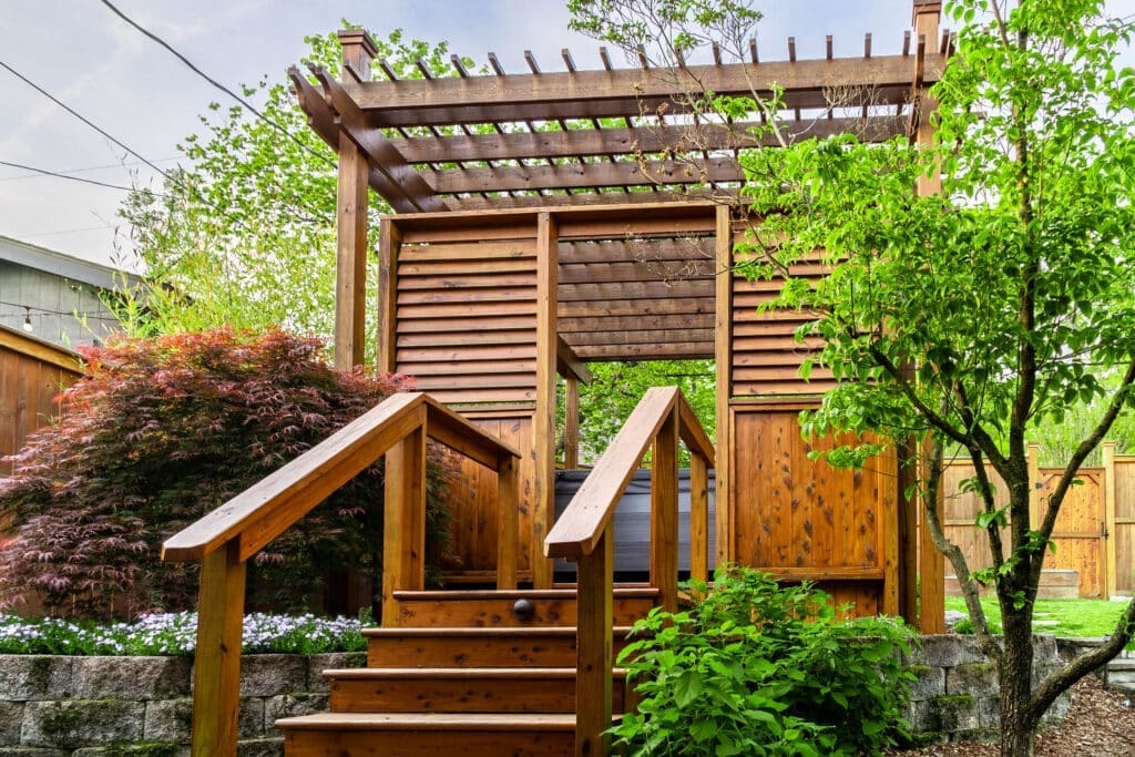 wooden stair that leads to a sitting area